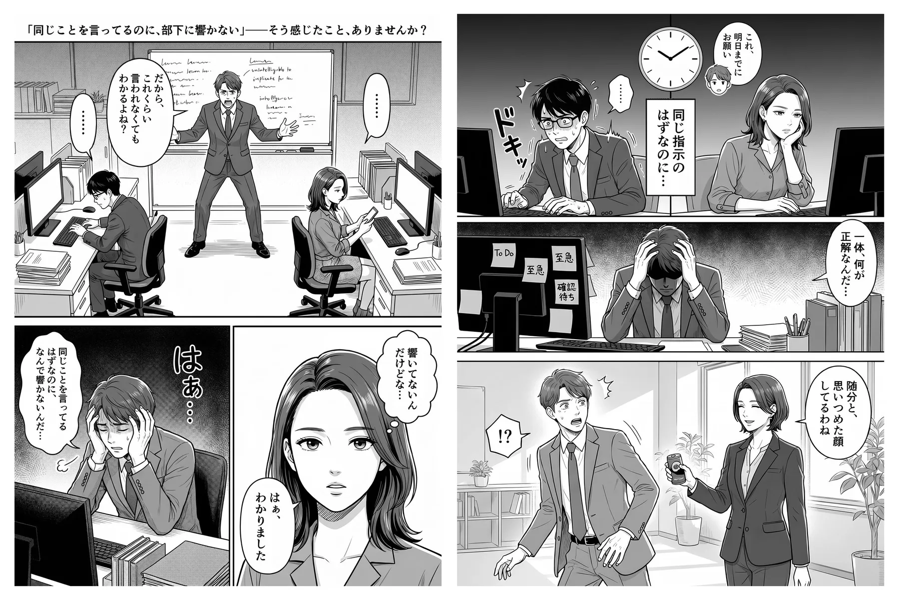 事前記事漫画のサンプル。「同じことを言ってるのに、部下に響かない」と悩むリーダーの場面から始まる冒頭2ページ