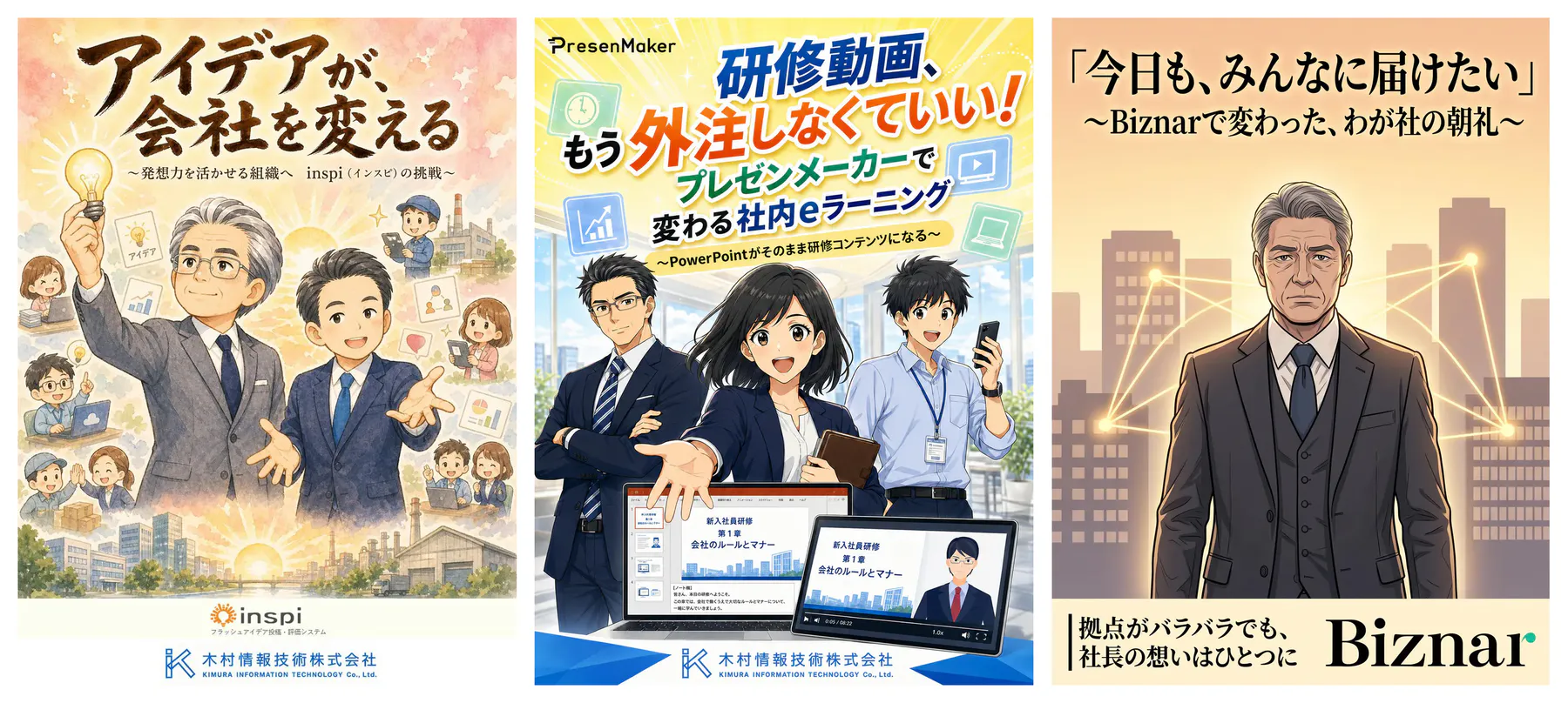 法人営業で使っている3本の漫画の表紙。左からinspi『アイデアが、会社を変える』、PresenMaker『研修動画、もう外注しなくていい！』、Biznar『今日も、みんなに届けたい』