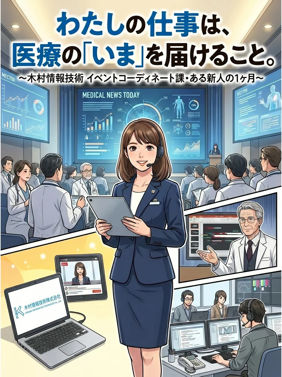 採用マンガ『わたしの仕事は、医療の「いま」を届けること。〜木村情報技術 イベントコーディネート課・ある新人の1ヶ月〜』の表紙