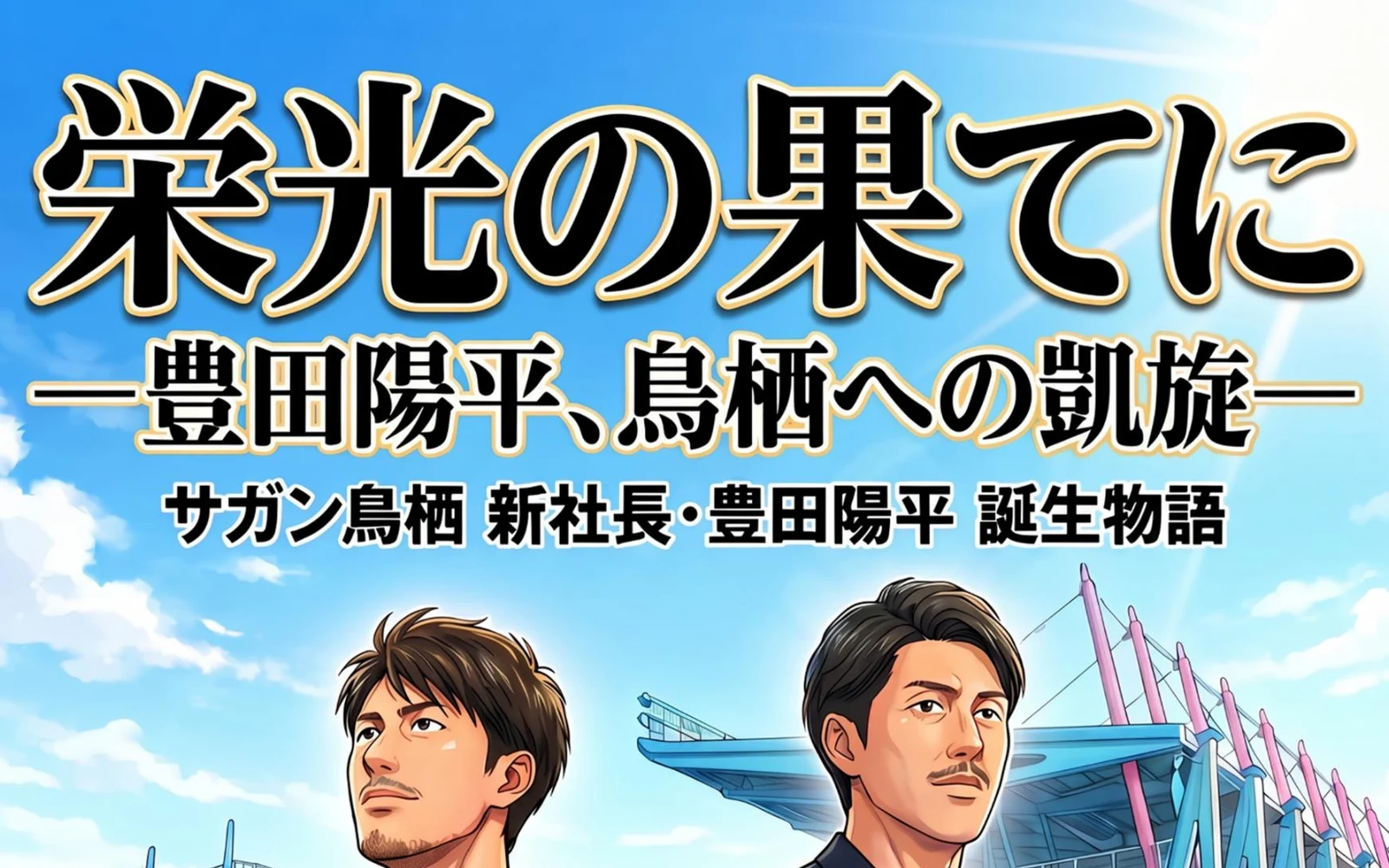 記念漫画『栄光の果てに —豊田陽平、鳥栖への凱旋— サガン鳥栖 新社長・豊田陽平 誕生物語』の表紙上部。青空とスタジアムを背景に、タイトルと2人の人物が描かれている