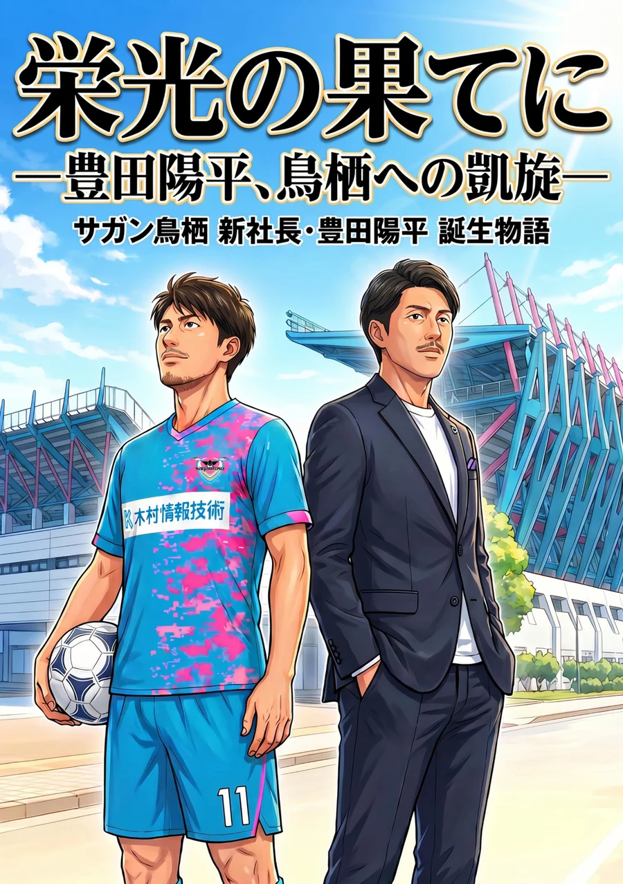 記念漫画『栄光の果てに —豊田陽平、鳥栖への凱旋— サガン鳥栖 新社長・豊田陽平 誕生物語』の表紙。サガン鳥栖のユニフォーム姿とスーツ姿の豊田陽平さんが、スタジアムを背に並んで立っている