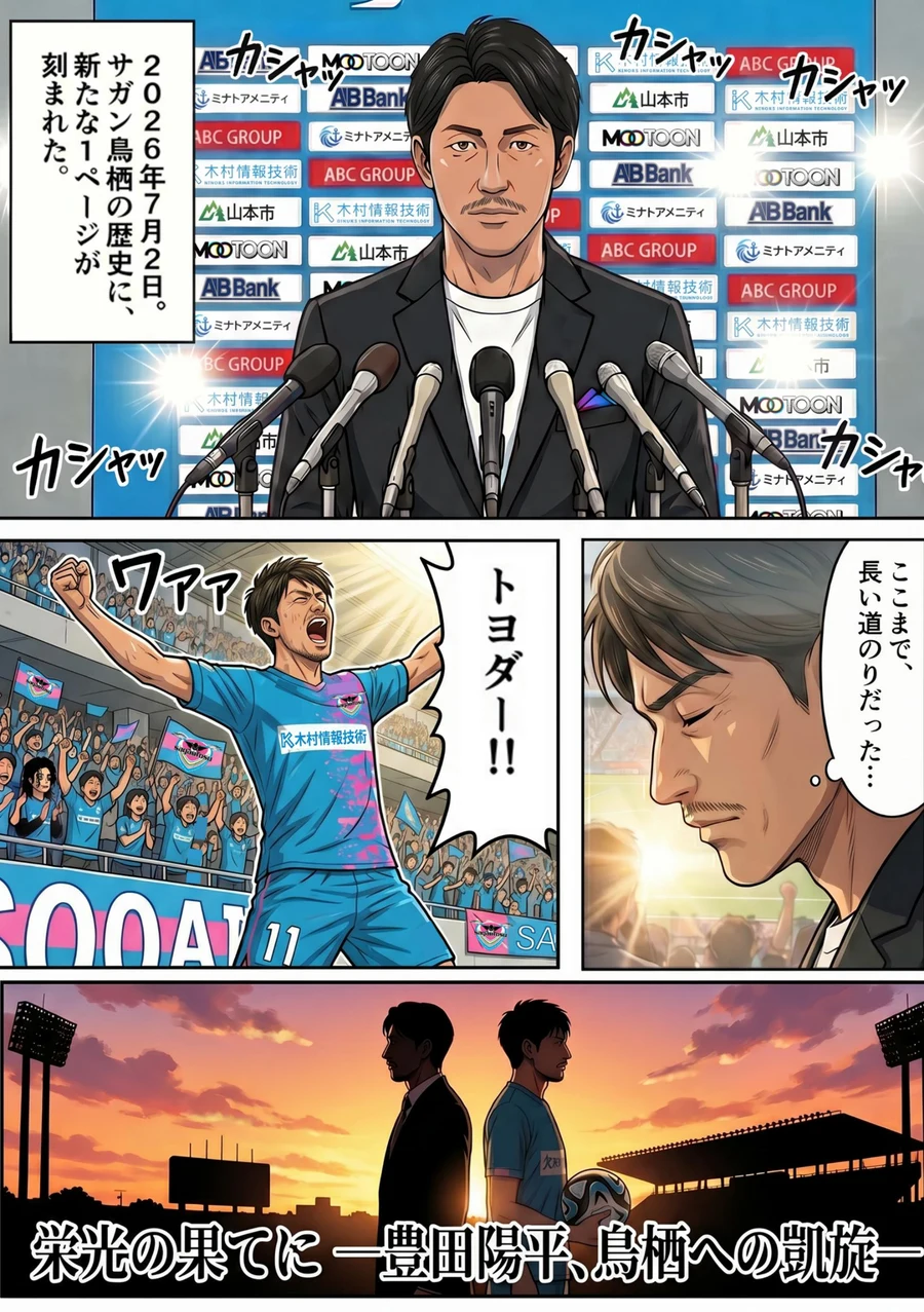 記念漫画『栄光の果てに 豊田陽平、鳥栖への凱旋』の本編1ページ目。2026年7月2日の社長就任会見、現役時代のゴール、そして夕暮れのスタジアムに並ぶ2人が描かれている